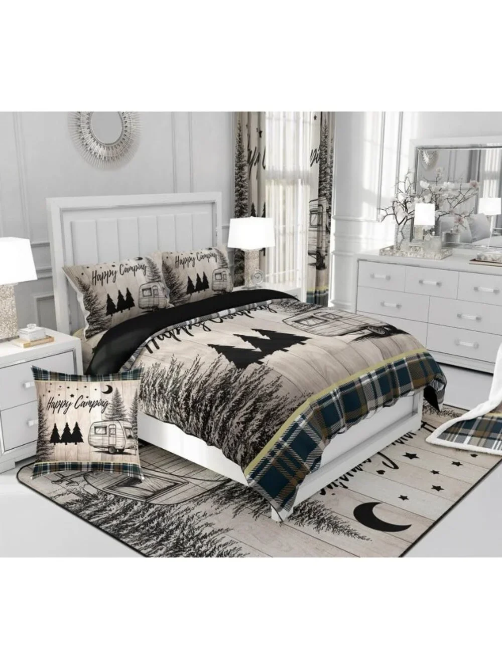RV Camper Queen Comforter Set,Rustic Camping Bedding Sets for Travel Trailer,Cab